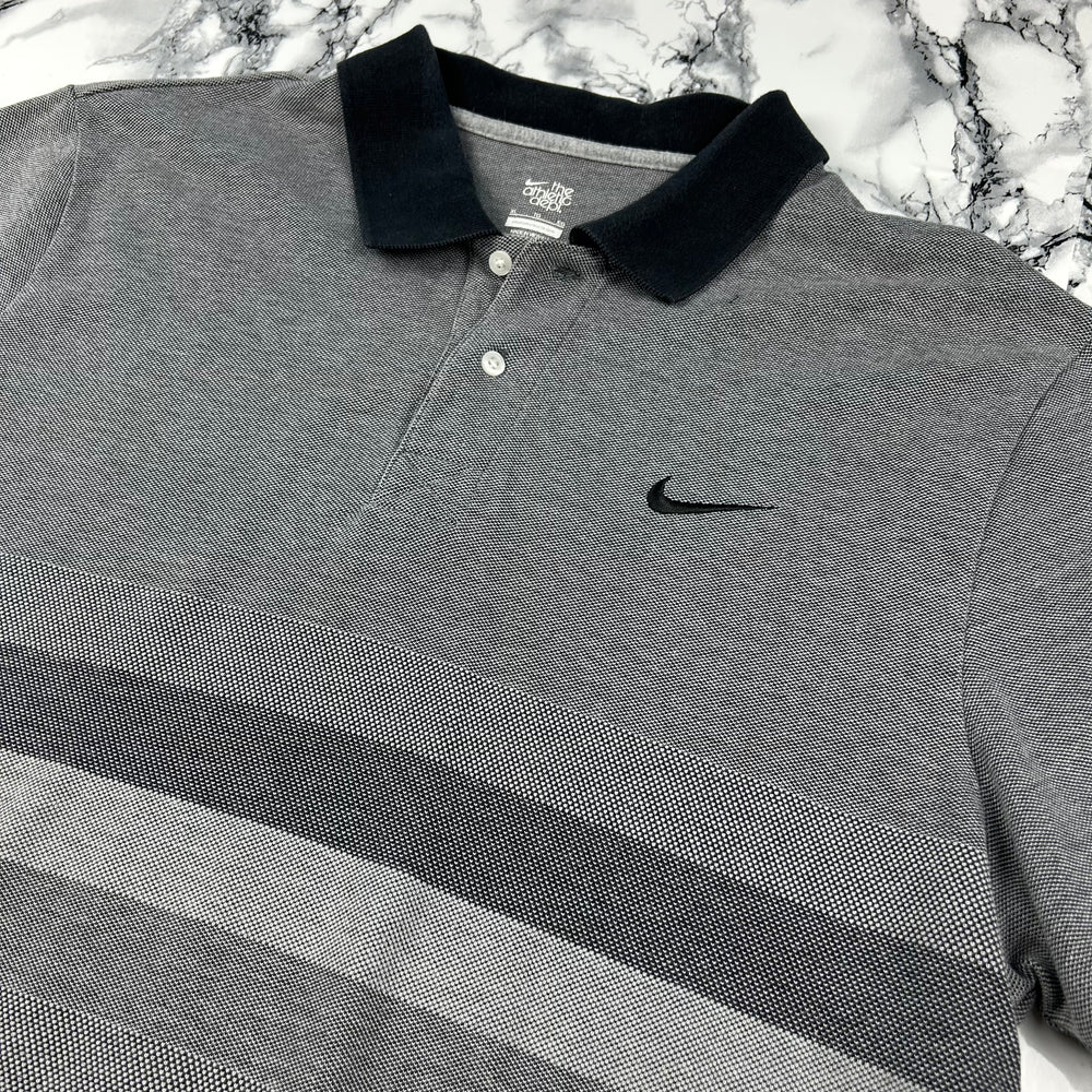 (XL) Vintage Nike Poloshirt Swoosh Grau Gestreift